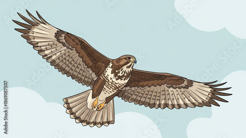 A brown and white bird of prey soars through the sky with outstretched wings against a light blue background with clouds with flying