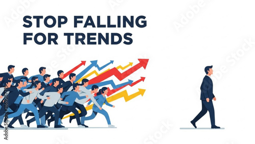 Businessman walking alone against crowd with colorful arrows indicating trends with success and leadership and individuality with growth