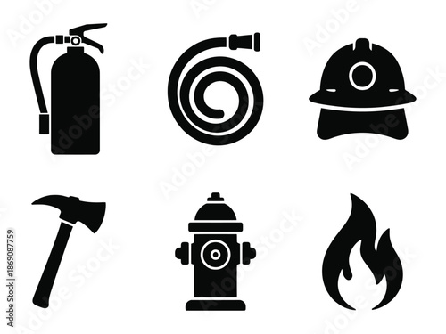 Fire Safety and Emergency Equipment Icons Set with Extinguisher, Hose, Helmet, Axe, Hydrant, and Flame Symbols