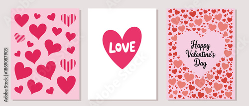 Collection of three lovely Valentines Day cards showcasing pink and red hearts with romantic messages