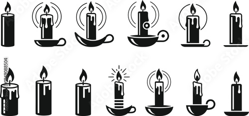 Candle flame silhouettes set, burning candle icons collection, spiritual and romantic decoration symbols, black minimalist design isolated white background