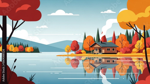Cozy cabin by serene lake with vibrant autumn foliage and reflections in calm water under clear blue sky with autumn landscape with nature