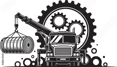 Crane lifting heavy pipes against gear wheel background industrial vector