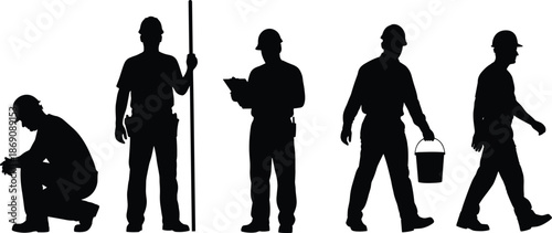 Construction, workers, silhouettes, standing, walking, labor, tools, industry, safety, profession, maintenance, repair, workforce, activity, manual, work, illustration, concept, set