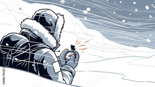 Person in winter clothing holding a compass in snowy landscape with map overlay with navigation and adventure and exploration with survival
