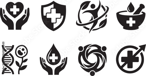 Set of eight medical vector icons representing health medicine treatment and pharmaceutical industry in simple minimalist style isolated on white background