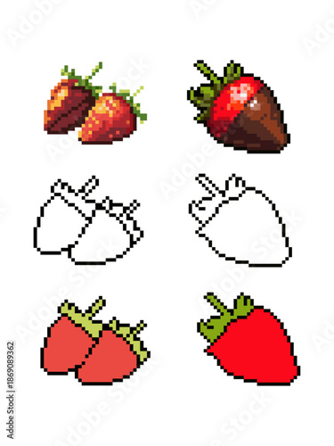 A collection of six pixel art icons featuring strawberries, including fresh berries and strawberries dipped in dark chocolate.