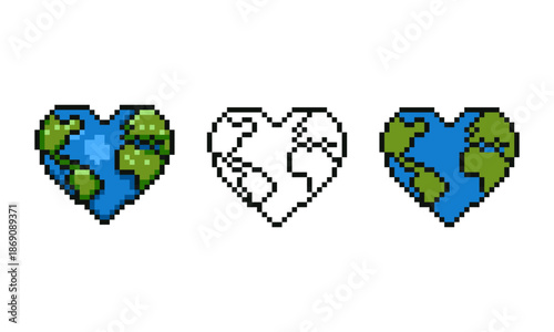 A set of three pixel art icons featuring a globe in the shape of a heart. The collection includes a detailed shaded earth with green continents and blue oceans, a minimalist black and white outline.