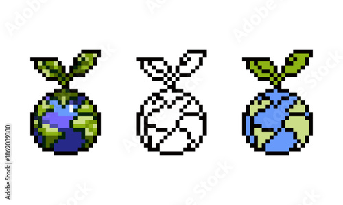 A set of three pixel art icons featuring a globe with a small green sprout growing from the top. 