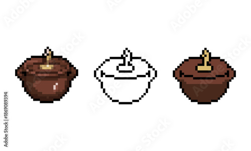 A set of three pixel art icons featuring a chocolate fondue pot with a dipping fork.
