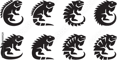 Different black lizard silhouettes featuring various creative reptile patterns for creative designs animalistic icons in monochrome reptile patterns