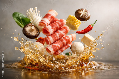 AI generated image of floating hot pot ingredients including sliced meat, mushrooms, tofu, and fish ball with a splash of broth. Perfect for culinary and food-related content.