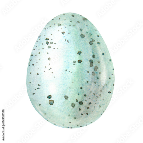 Watercolor Easter thrush or starling egg isolated on white background. Celebration food for spring menu. Blue clipart with new life of bird jay. Hand-drawn element for cookbook wallpaper or wrapping