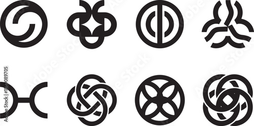 Set of eight different abstract circle icon ring rotation infinity cycle loop and celtic knot symbol vector illustration