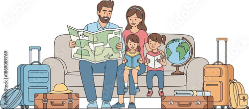 Family Traveling Waiting with Luggage and Globe at Airport