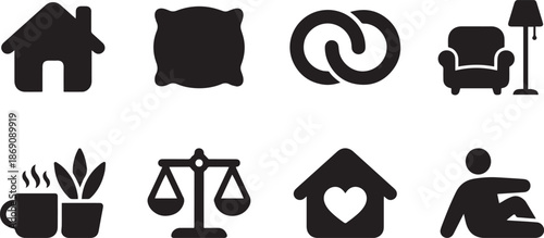 Assortment of cozy black and white home icons representing comfort and relaxation perfect for interior design and lifestyle related materials
