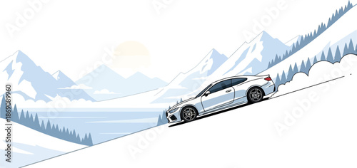 Luxury Car Driving Through Snowy Mountain Landscape with Family Luggage Checkpoint