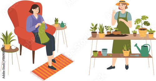 Cozy home hobbies illustration, woman knitting indoors, woman gardening plants, indoor plants lifestyle, creative leisure activity vector art, modern design