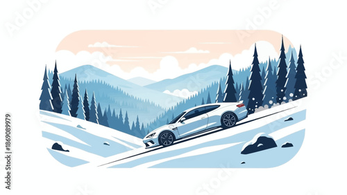 Luxury Car Driving Through Snowy Mountain Landscape with Luggage