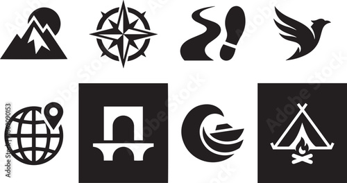 adventurous collection of journey icons representing exploration navigation and discovery through vector designs suitable for travel and outdoor themes