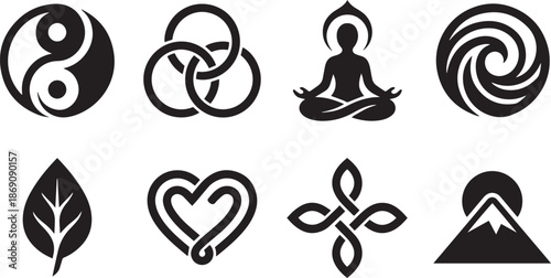 spiritual collection of iconic symbols representing harmony balance enlightenment and interconnectedness through simple vector depictions of well being