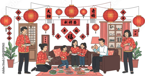 Family Gathering with Chinese Decorations and Luggage in Living Room