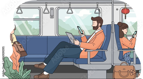 Passenger Using Smartphone on Bus with Luggage Nearby