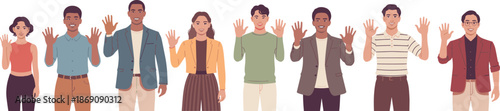 Diverse group of friendly people waving hello, multicultural team portrait, unity, inclusion, community, smiling faces, welcoming gesture, modern illustration background