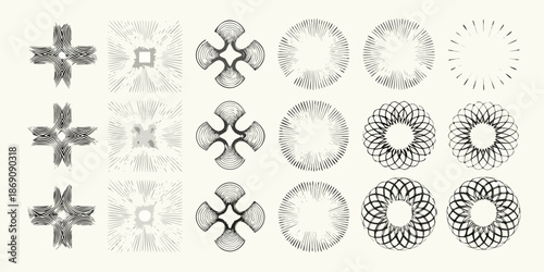 Arrangement of geometric shapes and circular patterns in grayscale illustration