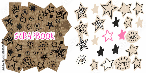 Decorative scrapbook paper with assorted stars and whimsical doodle elements
