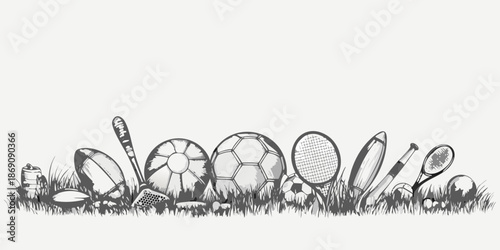 A collection of various sports equipment arranged amidst grassy foliage