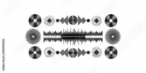 Mechanical sound wave design featuring vinyl records and gear elements