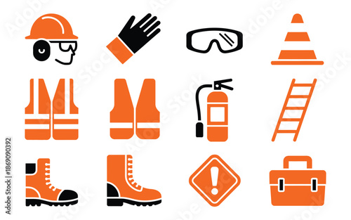 Safety equipment icons graphic showing construction and industrial protective items including helmet, gloves, goggles, fire extinguisher, ladder, vest, boots, and toolbox for safety awareness.