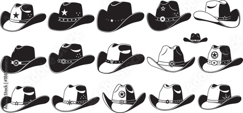 Large collection of various cowboy hats with star and belt details