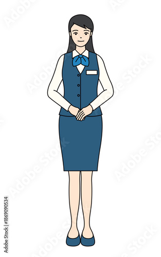Corporate receptionist in blue vest and skirt standing politely