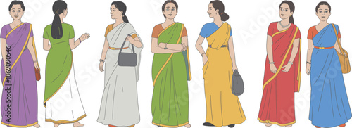 Diverse Indian women wearing colorful traditional sarees, standing and walking confidently, cultural fashion illustration, ethnic lifestyle concept, vector artwork isolated