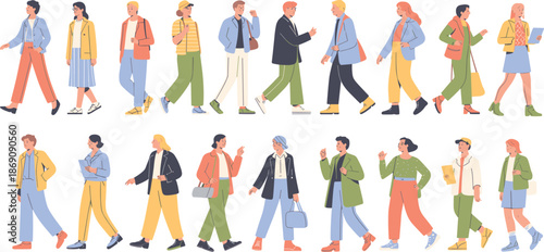 Diverse people walking in city, flat illustration, modern urban lifestyle characters, casual fashion, teamwork community concept, vector design background set