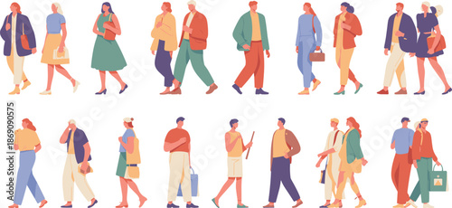 Diverse people walking in city, flat illustration, modern urban lifestyle characters, casual fashion, teamwork community concept, vector design background set