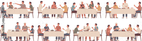 Family and friends sharing dinner, people eating together, festive table setting, conversations, celebration, home meal gathering illustration vector set scene