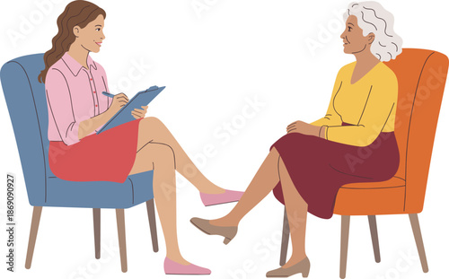Female counselor talking with senior woman during therapy session, supportive conversation, mental health consultation, counseling interview in clinic setting background
