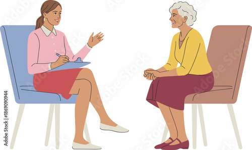 Female counselor talking with senior woman during therapy session, supportive conversation, mental health consultation, counseling interview in clinic setting background