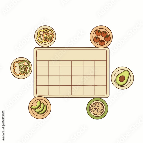 Detailed weekly meal plan calendar template surrounded by fresh, healthy ingredients such as vegetables and fruits, ideal for diet management and nutrition tracking.