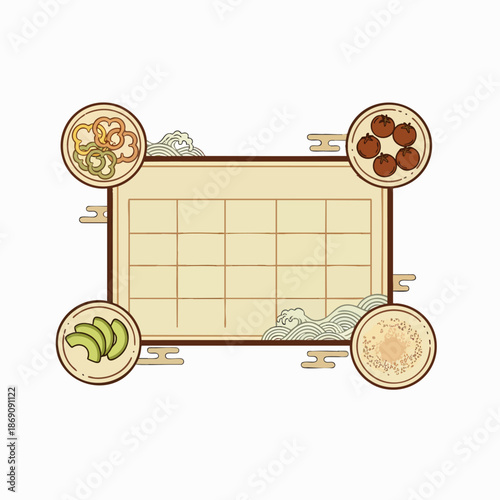 Traditional Asian food menu template with elegant decorative frame, grid, and assorted dishes. Perfect for restaurant, cafe, or cultural event promotions.