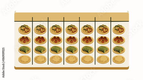 Mahjong food themed tiles set. Traditional Chinese game pieces with delicious Asian cuisine illustrations. Vector illustration for cultural games and entertainment.
