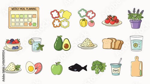 Healthy meal planning and fresh food ingredients vector illustration set. Diet and nutrition concept with various fruits, vegetables, and staples.
