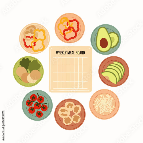 Top-down view of a weekly meal planning board surrounded by various plates of fresh, healthy ingredients for diet preparation and cooking.