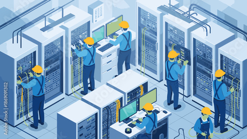 Technicians maintaining server equipment in data center
