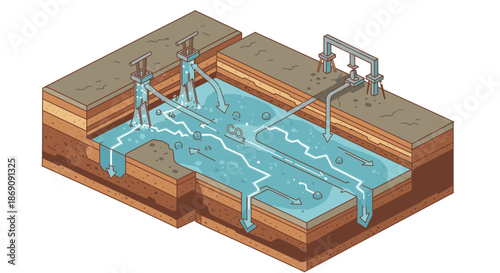 An intricate isometric illustration detailing the subsurface movement of water, showcasing a sophisticated system for groundwater management and purification processes.