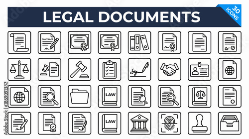 Legal documents icon set: contracts, forms, certificates and official paperwork symbols for law firms, notaries, and regulatory content.
