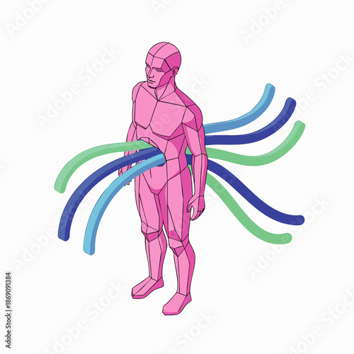 Abstract 3D render of a pink geometric human figure with colorful data cables emerging from its torso, symbolizing connectivity, internal systems, and digital integration.